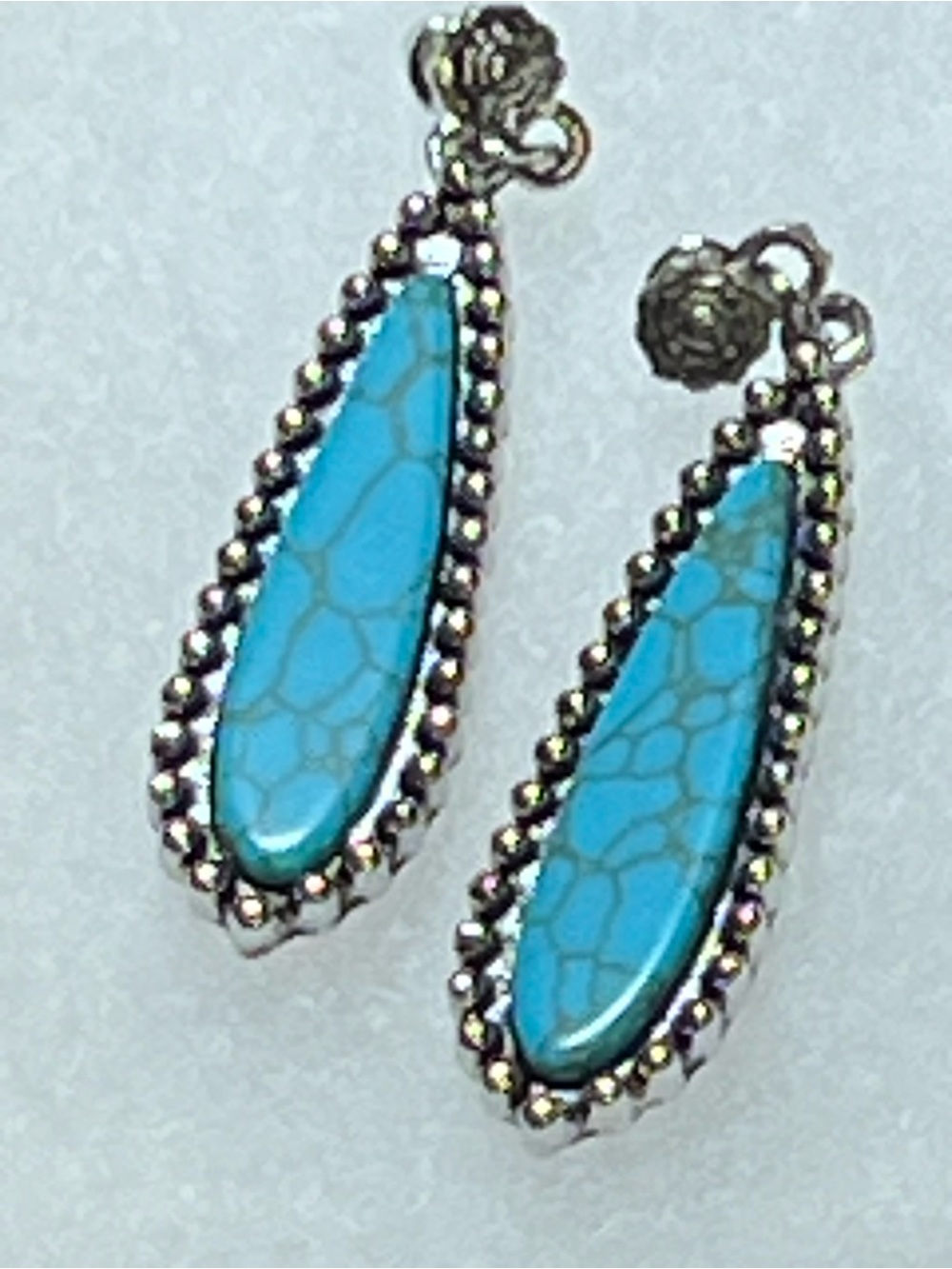 Turquoise & Silver Beaded Teardrop Dangle Earrings - Blue